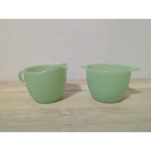 Vintage FIRE KING Jane Ray Jadeite Ribbed Glass Creamer, Sugar Bowl Set